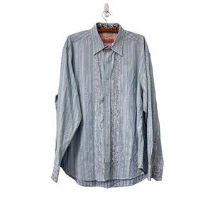Robert Graham Mens Blue Striped Geometric Embroidered Floral Button Shirt 2XL